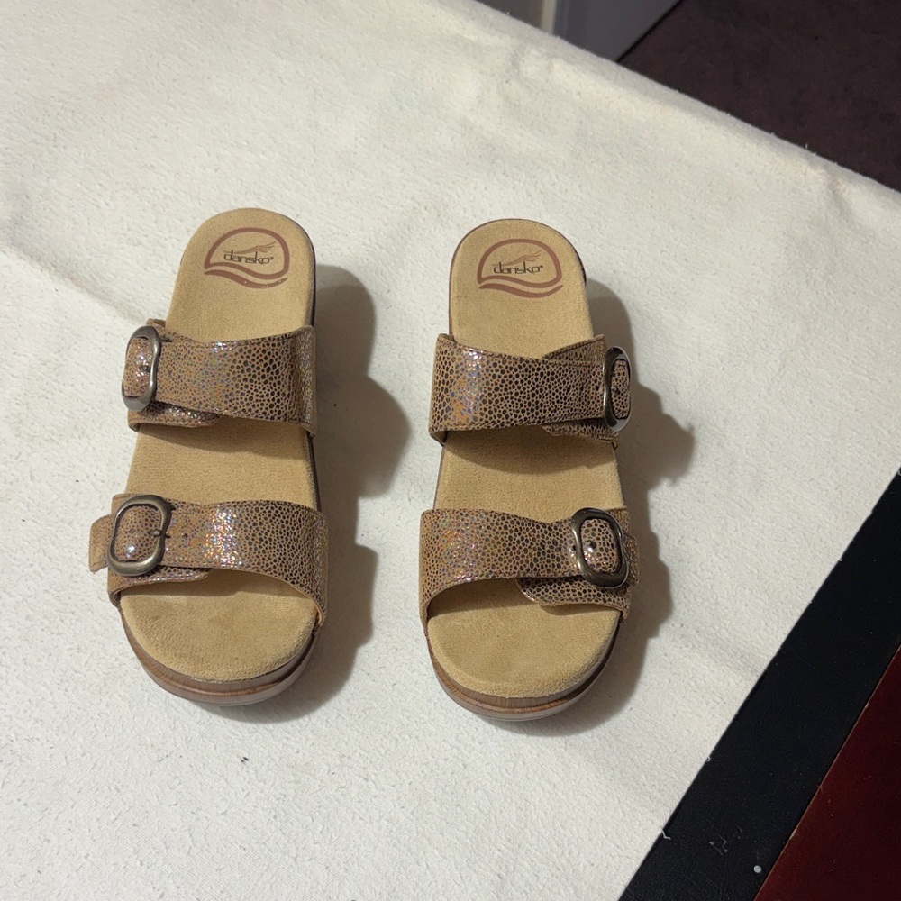 Dansko Brown Shimmer Double-Buckle Slides